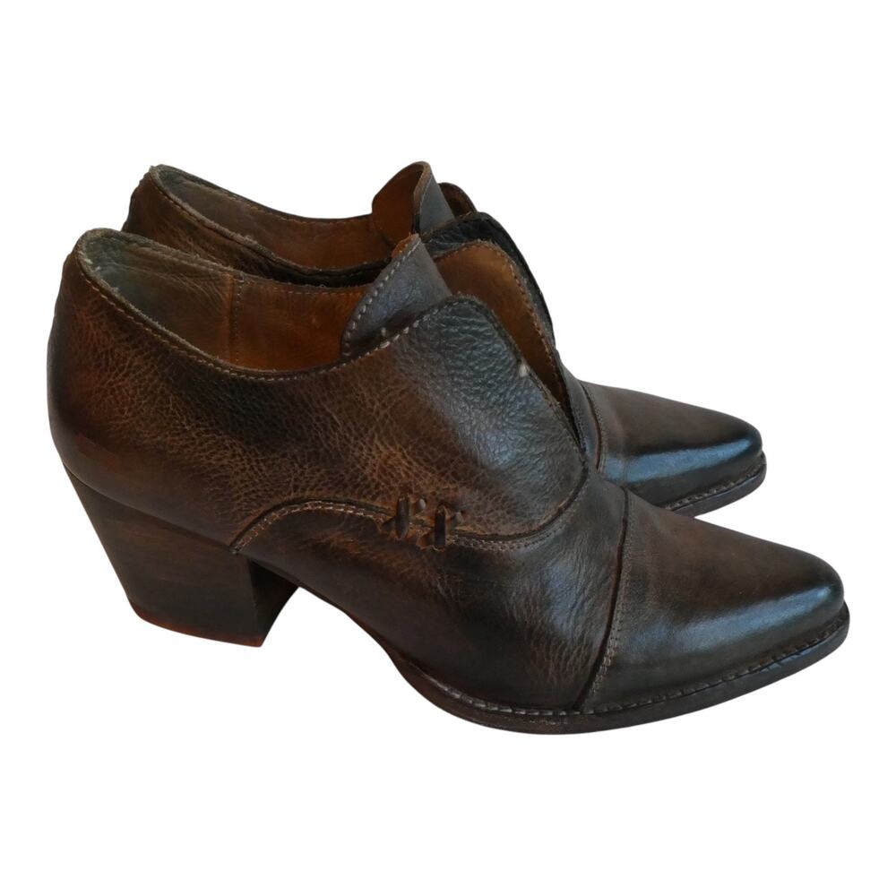Bed Stu Helen Leather Heeled Ankle Bootie Shoes Dark Brown Point Toe Women 7.5